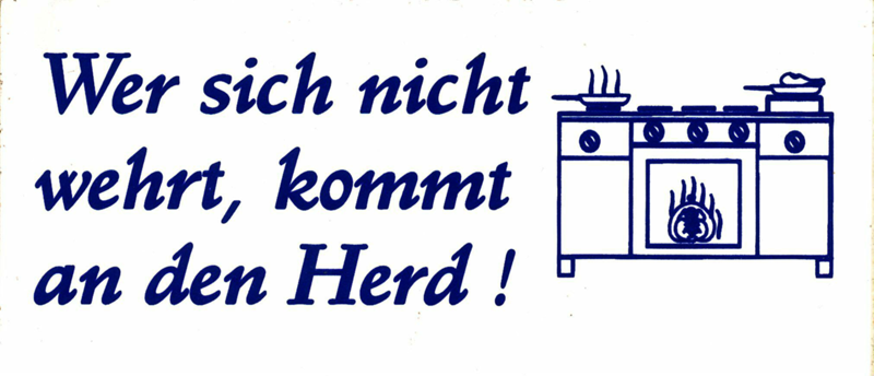 Weißer Grund, dunkelblaue Zeichnung und Schrift, rechts stilisierter Kochherd