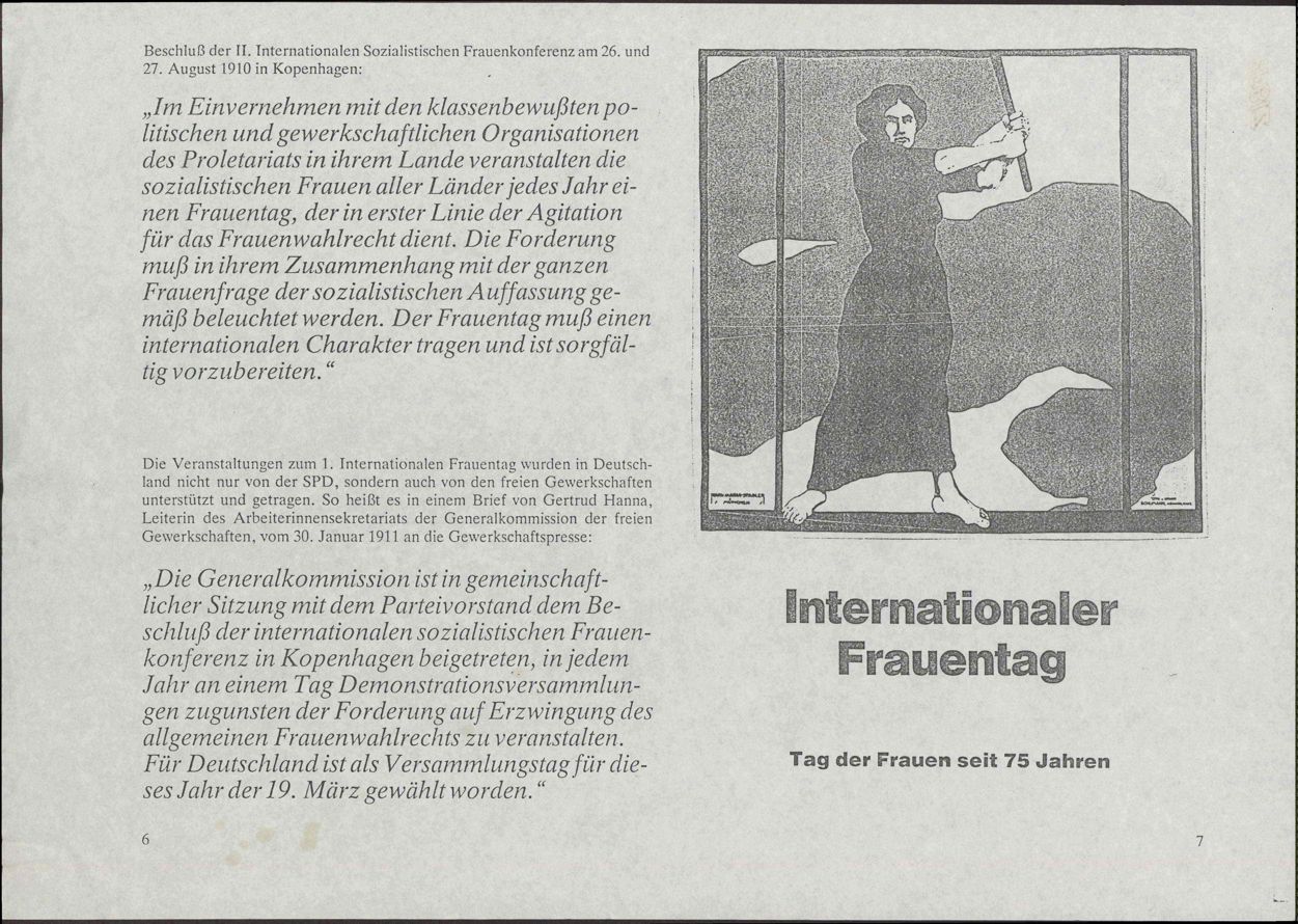 Text mit Zeichnung einer fahnenschwenkenden Frau