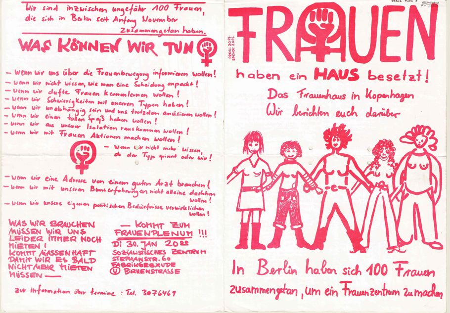 rote Schrift auf weißem Hintergrund: Zeichnung von fünf Frauen, die nebeneinander stehen und  sich an den Händen halten und die geballte Faust als Frauenzeichen im Titel