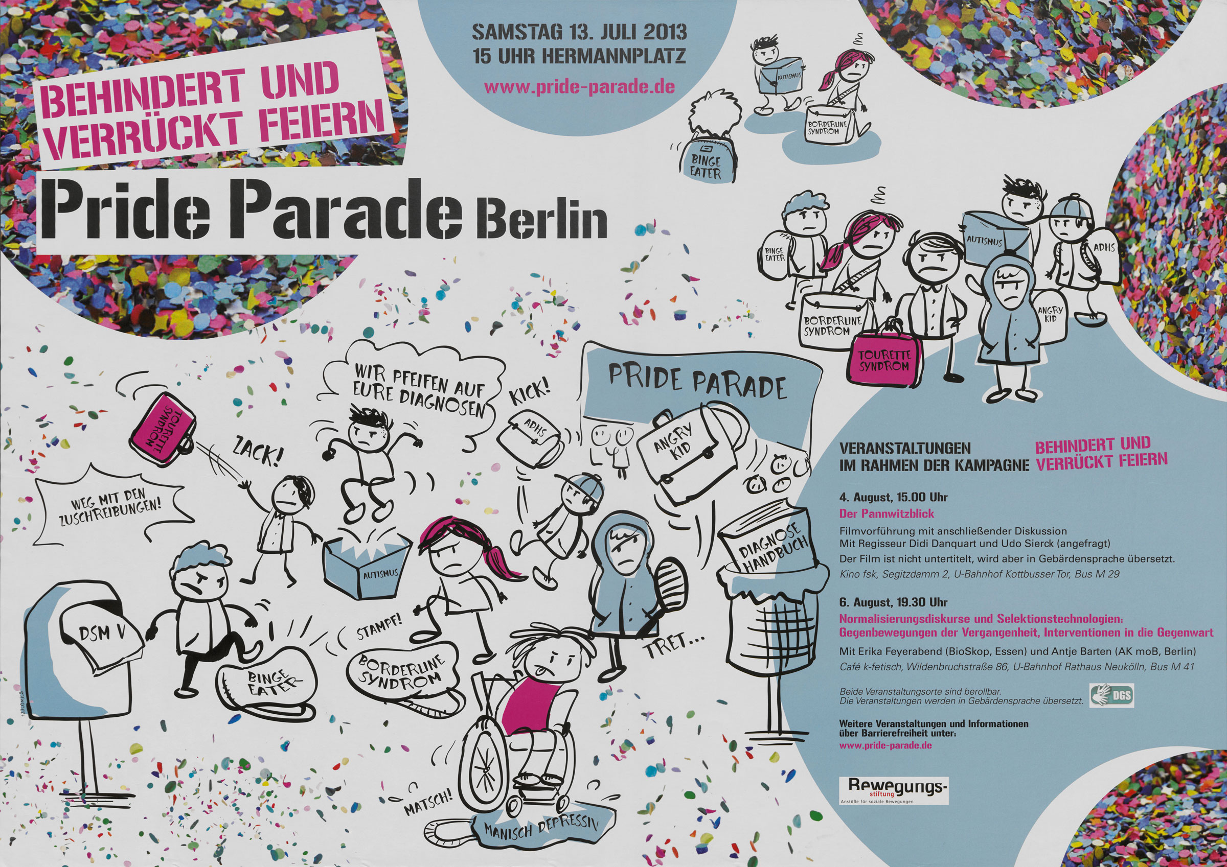 auf weißem Hintergrund sind bunte Konfetti und Comics zu sehen; im unteren Teil Angaben zu Treffpunkten und Informationen zur Veranstaltung