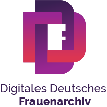 Logo des Digitalen Deutschen Frauenarchivs (DDF) zeigt zwei rot und lilafarbene, ineinander verschränkte D in Großbuchstaben, die ein F in der Mitte bilden