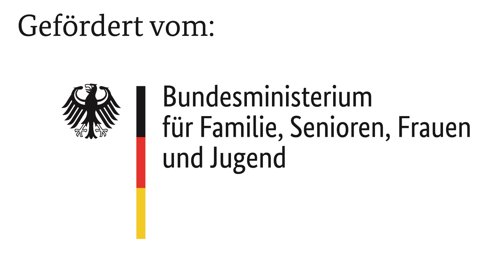 Logo des Bundesministeriums für Familie, Senioren, Frauen und Jugend: schwarze Schrift, Adler und schwarz-rot-goldfarbener Balken auf weißem Hintergrund