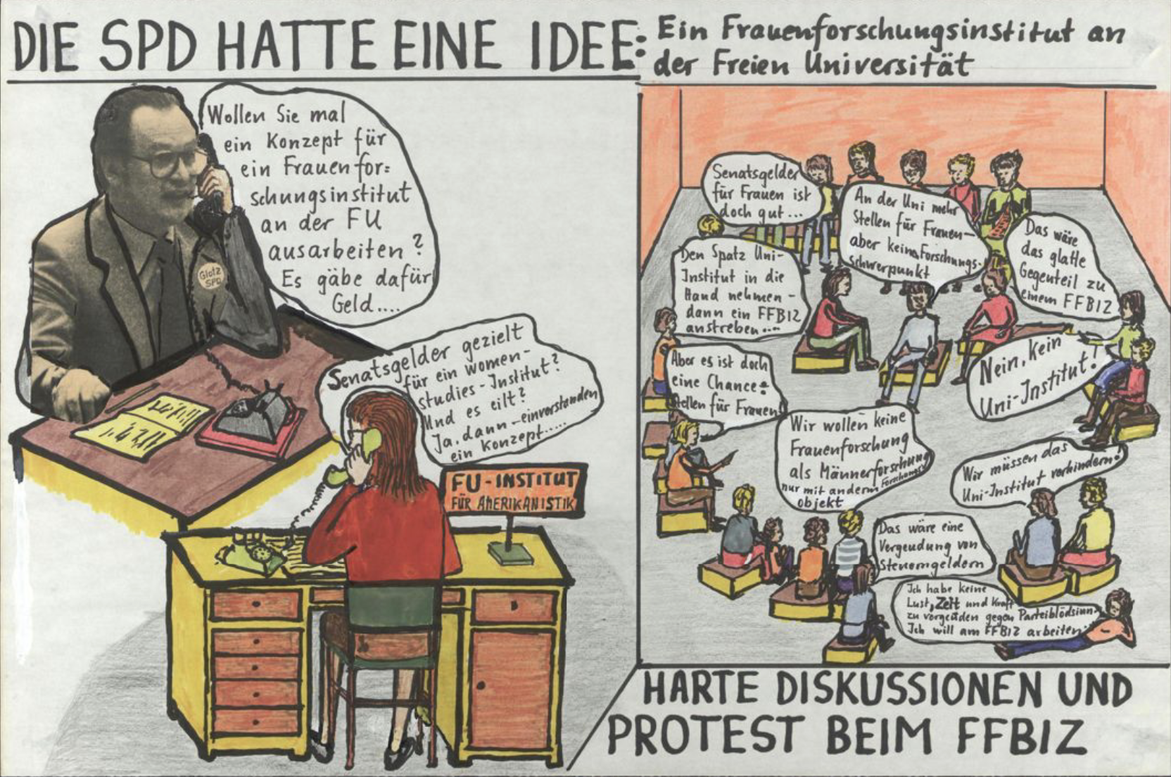 Bildcollage als Teil eines Wandfries zur Dokumentation der FFBIZ-Geschichte: linke Darstellung mit Sprechblasen zeigt Parteimitglied im Telefongespräch mit einer Universitätsmitarbeiterin mit der Überschrift „Die SPD hatte ein Idee: Ein Frauenforschungsinstitut am der Freien Universiät“; rechte Zeichnung zeigt Diskussionskreis der Frauengruppen mit dem Untertitel „Harte Diskussionen und Protest beim FFBIZ“