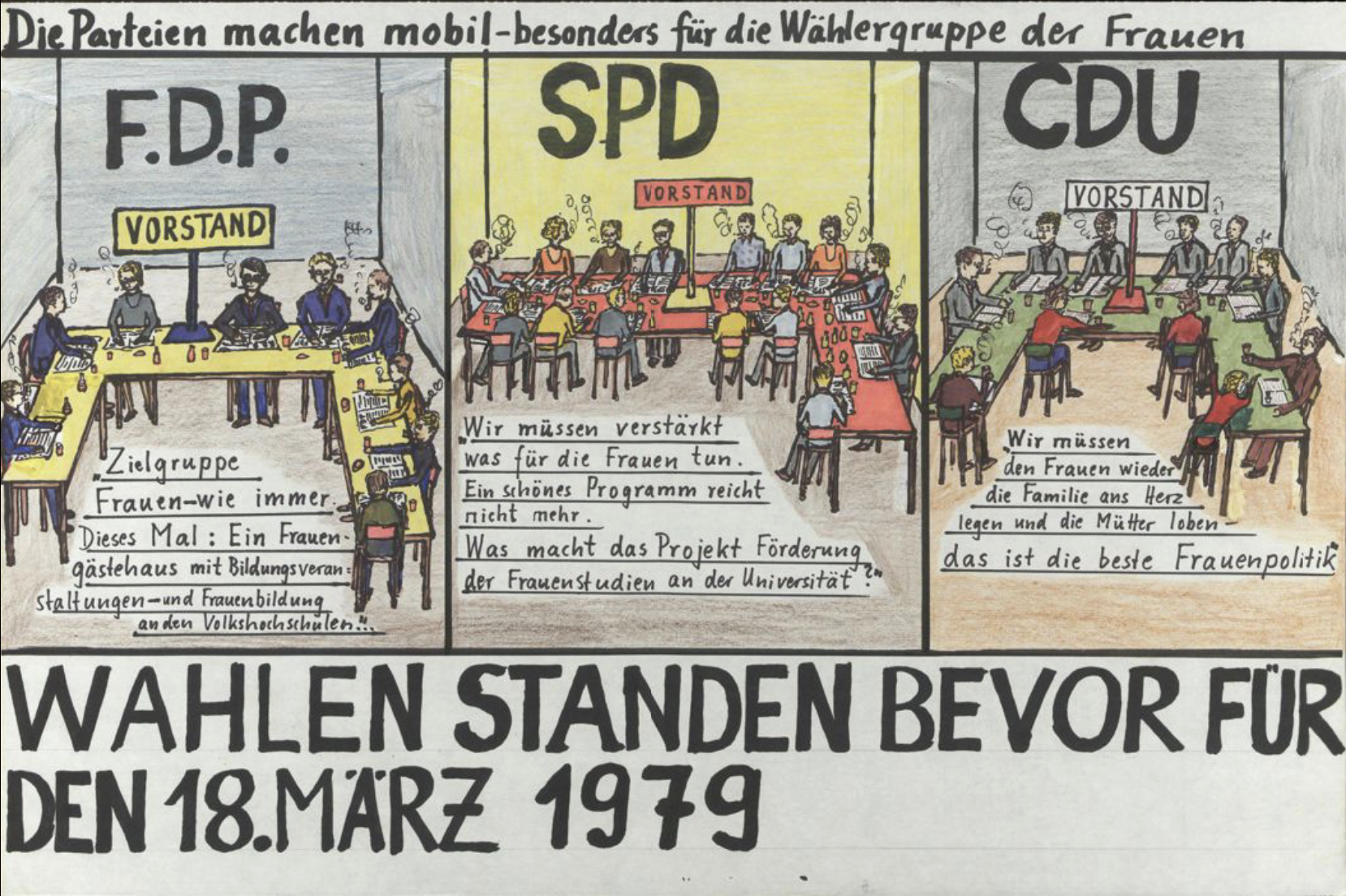 Bildcollage als Teil eines Wandfries zur Dokumentation der FFBIZ-Geschichte: Darstellung trägt Überschrift „Die Parteien machen mobil - besonders für die Wählergruppe der Frauen“ und zeigt Vorstandssitzungen der Parteien FDP, SPD und CDU mit Aussagen zu Wahlversprechen; Untertitel „Wahlen standen bevor für den 18. März 1979“