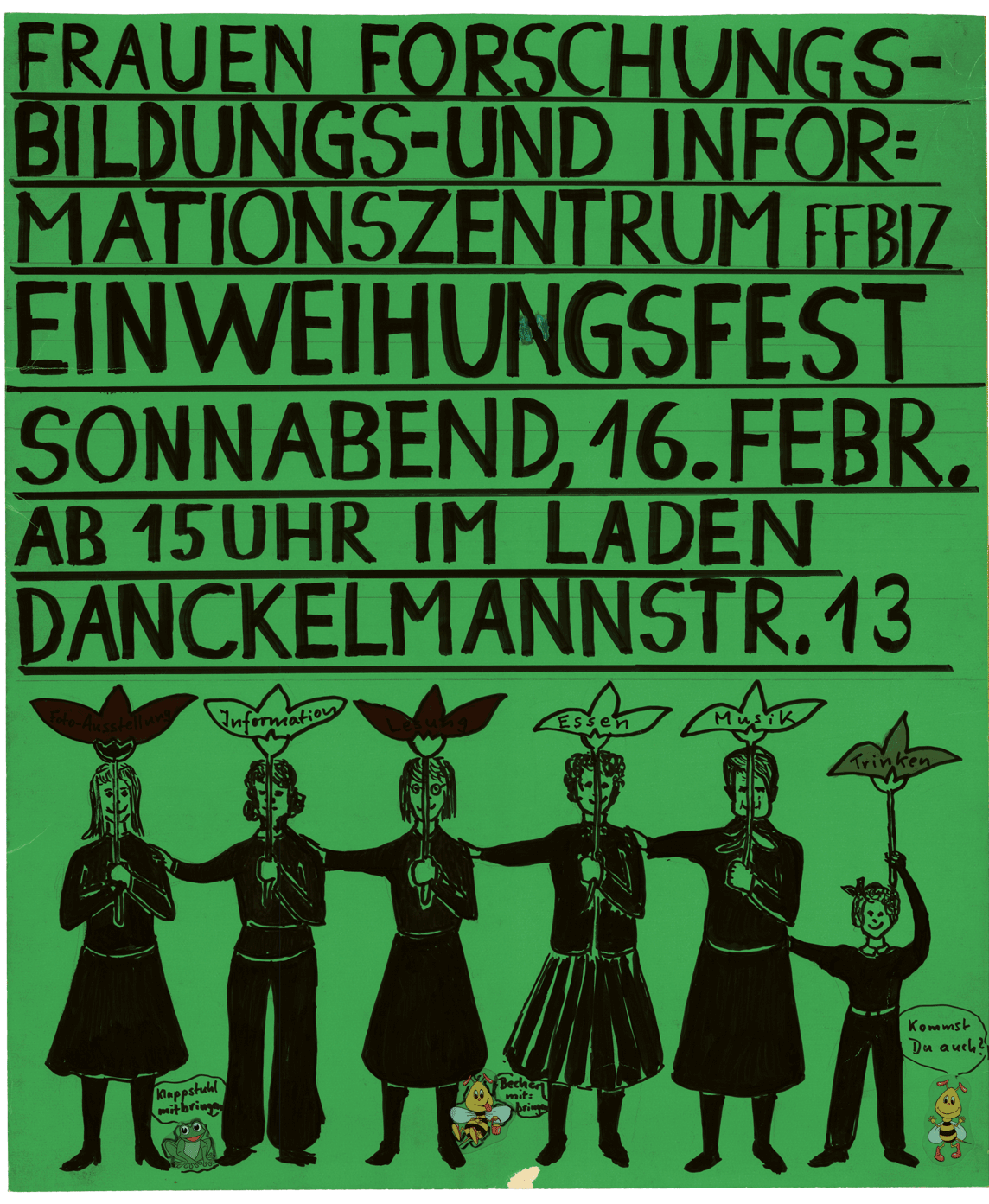 schwarze Schrift und Zeichnungen vor grünem Hintergrund: 5 Frauen und ein Kind, die Blumenschilder hochhalten, ein Frosch und zwei Bienen mit Sprechblasen