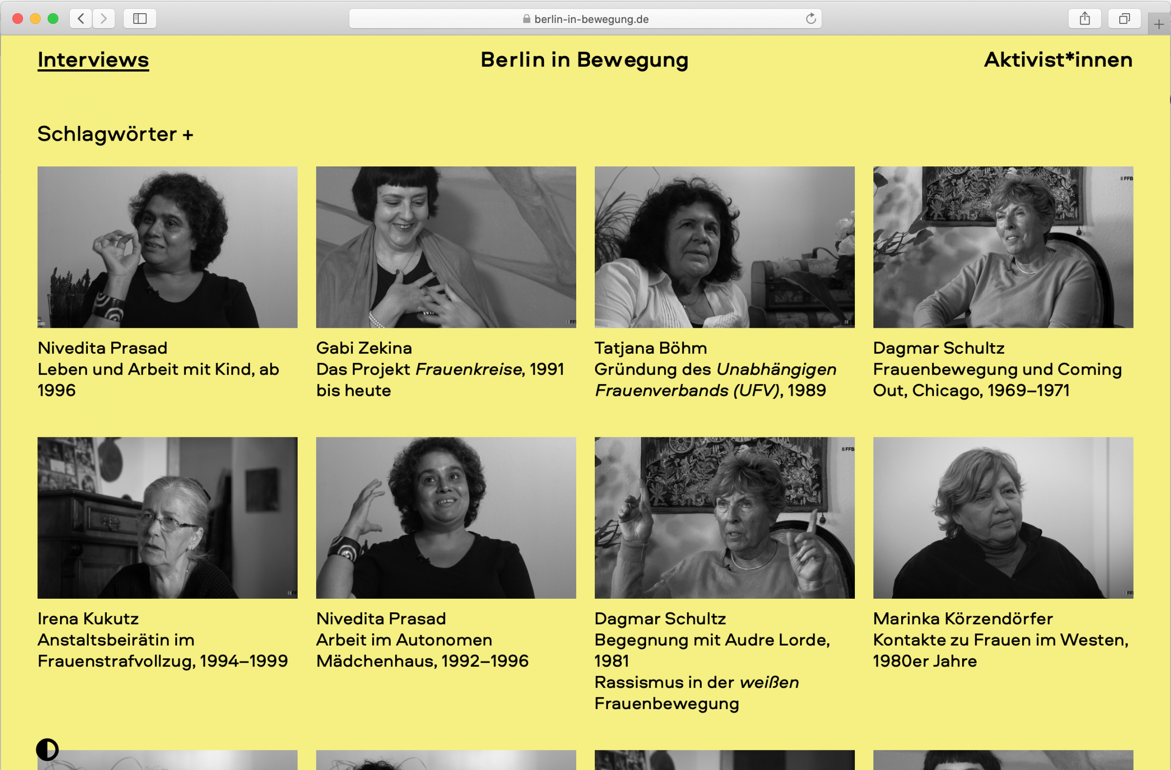 Übersichtsseite der FFBIZ-Webseite Berlin in Bewegung mit Fotos von acht Interviewpartnerinnen: Nivedita Prasad, Dagmar Schultz, Irena Kukutz, Marinka Körzendörfer, Gabi Zekina, Tatjana Böhm